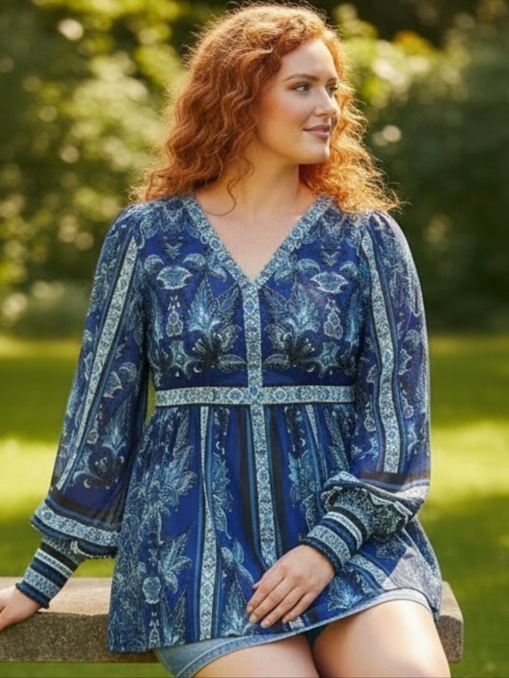 ELLOS Blue Paisley V-Neck Peplum Tunic